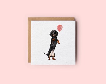 Dachshund Card // Cute Sausage Dog Card, Watercolour Dachshund with Balloon, Watercolour Sausage Dog Illustration, Dachshund Puppy Black Tan