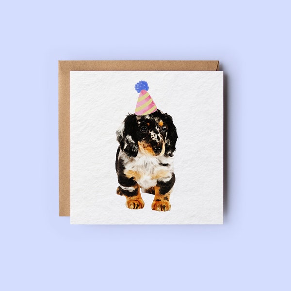 Dachshund Card // Cute Sausage Dog Card, Watercolour Dachshund with Party Hat, Sausage Dog Illustration, Silver Dapple Dachshund Puppy