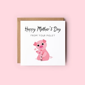 Pig Mother's Day Card // Cute Pig and Piglet Card, Cartoon Pig Design, Simple Pig Illustration, Piglet Illustration