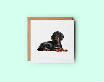 Dachshund Card // Cute Sausage Dog Card, Watercolour Dachshund, Sausage Dog Illustration, Smooth Coat Black Tan Dachshund Puppy