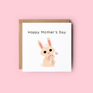 Biglietto per la festa della mamma Hoppy // Simpatico coniglietto di coniglio e biglietto per bebè, disegno di coniglio dei cartoni animati, semplice illustrazione di coniglietto, gioco di parole per la festa della mamma, Punny