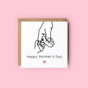 Cartão simples de dia das mães // Cartão de mãe minimalista fofo, arte linear de mão de mãe e bebê, desenho de mãos de mãe e filho, cartão preto e branco doce