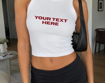 Custom Text White Tank Top, Personalized Racer Tank, Clean Girl Aesthetic Top, Custom Graphic Ribbed Tank, Minimal Y2K Shirt