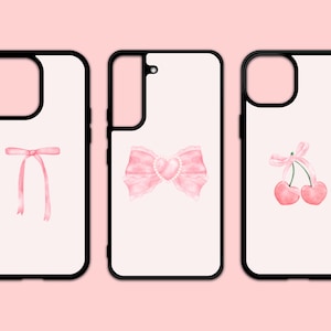 Soft Pink Coquette Bow Case｜Cherry Coquette, Girly Feminine Design, Blush Cherry, Galaxy S22 S23 Plus Ultra, iPhone 11 12 13 14 15 Pro Max
