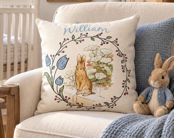 Personalized Peter Rabbit Pillow, Tulip Wreath, Beatrix Potter Keepsake