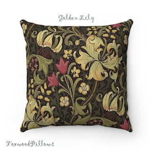 Golden Lily Pillow: William Morris Arts & Crafts Accent Pillow