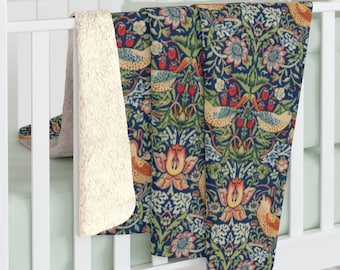William Morris Strawberry Thief Sherpa Fleece Blanket: Dark Teal Sofa Throw