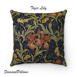 Floral Pillow, Tiger Lily, Autumn Décor, William Morris Pillow, Bird Pillow, Lily Faux Suede Pillow, Black Throw Pillow, Grey Hues