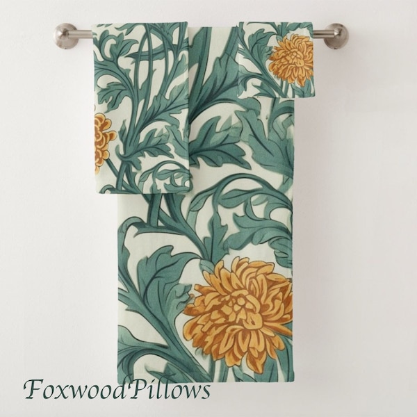 Marigold Flower Towel Set, Guest Bathroom Towels, Wash Cloth, Hand Towel, Victorian Towels, Craftsman Bathroom Décor