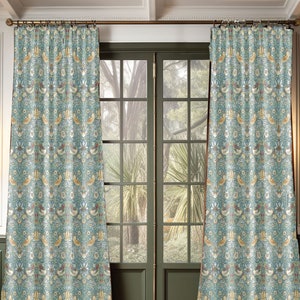 Strawberry Thief Curtains, Aqua William Morris Window Panels Craftsman Home Decor
