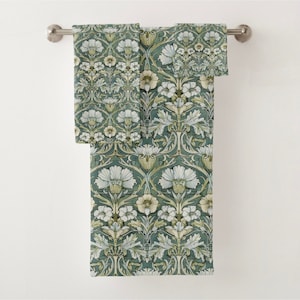 Green Bathroom Towels, Hibiscus Flowers, Towel Set, Wash Cloth, Hand Towel, Natural Décor, William Morris Towels, Craftsman Bathroom