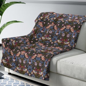 Manta de ladrón de fresas, manta acogedora, manta de vellón Sherpa, manta suave, William Morris, tiro de sofá, manta azul, manta de diseñador