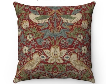 Crimson Strawberry Thief, Red Pillow, William Morris, Arts Crafts Pillow, Victorian Decor, Craftsman Pillow, Mission Decor, Bird Pillow