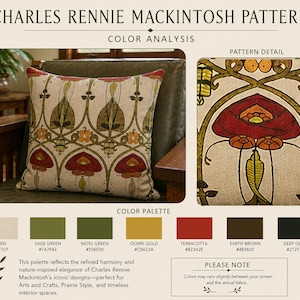 May include: A square throw pillow featuring a Charles Rennie Mackintosh pattern with stylized floral motifs in terracotta, ochre gold, and olive green on a beige linen background, accompanied by a color palette chart and a close-up pattern detail.