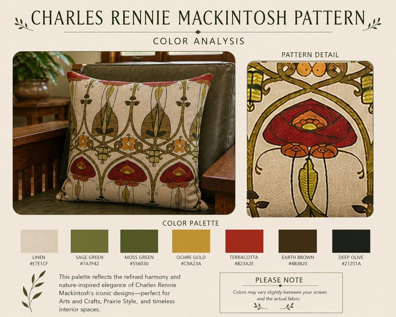 May include: A square throw pillow featuring a Charles Rennie Mackintosh pattern with stylized floral motifs in terracotta, ochre gold, and olive green on a beige linen background, accompanied by a color palette chart and a close-up pattern detail.