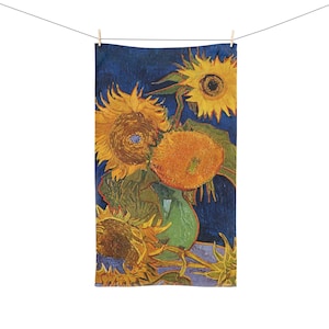 May include: A painting of a still life featuring a vase of sunflowers. The sunflowers are yellow and orange with green leaves. The vase is green and the background is blue.