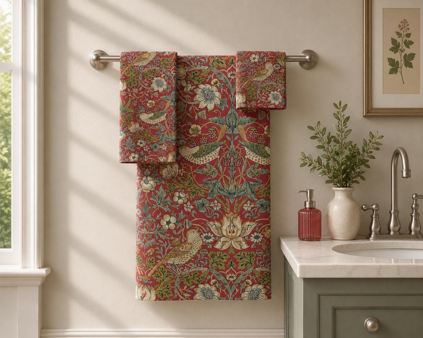 William Morris Crimson Strawberry Thief Towel Set: Bird Bathroom