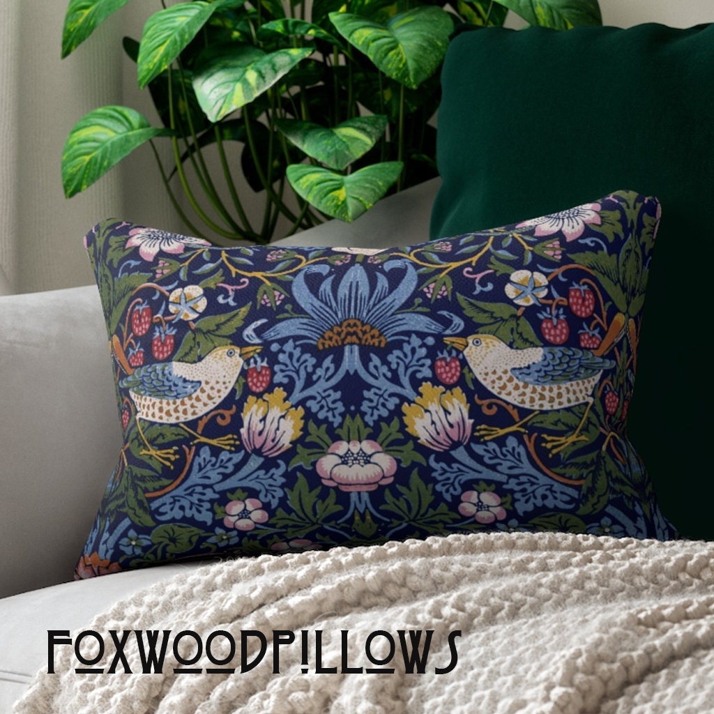 Strawberry Thief Lumbar Pillow: William Morris Navy Spun Polyester