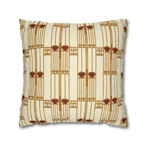Ivory Pillow, Rose on Geometric Pattern by Josef Hoffmann Craftsman Bungalow, Amber Hues