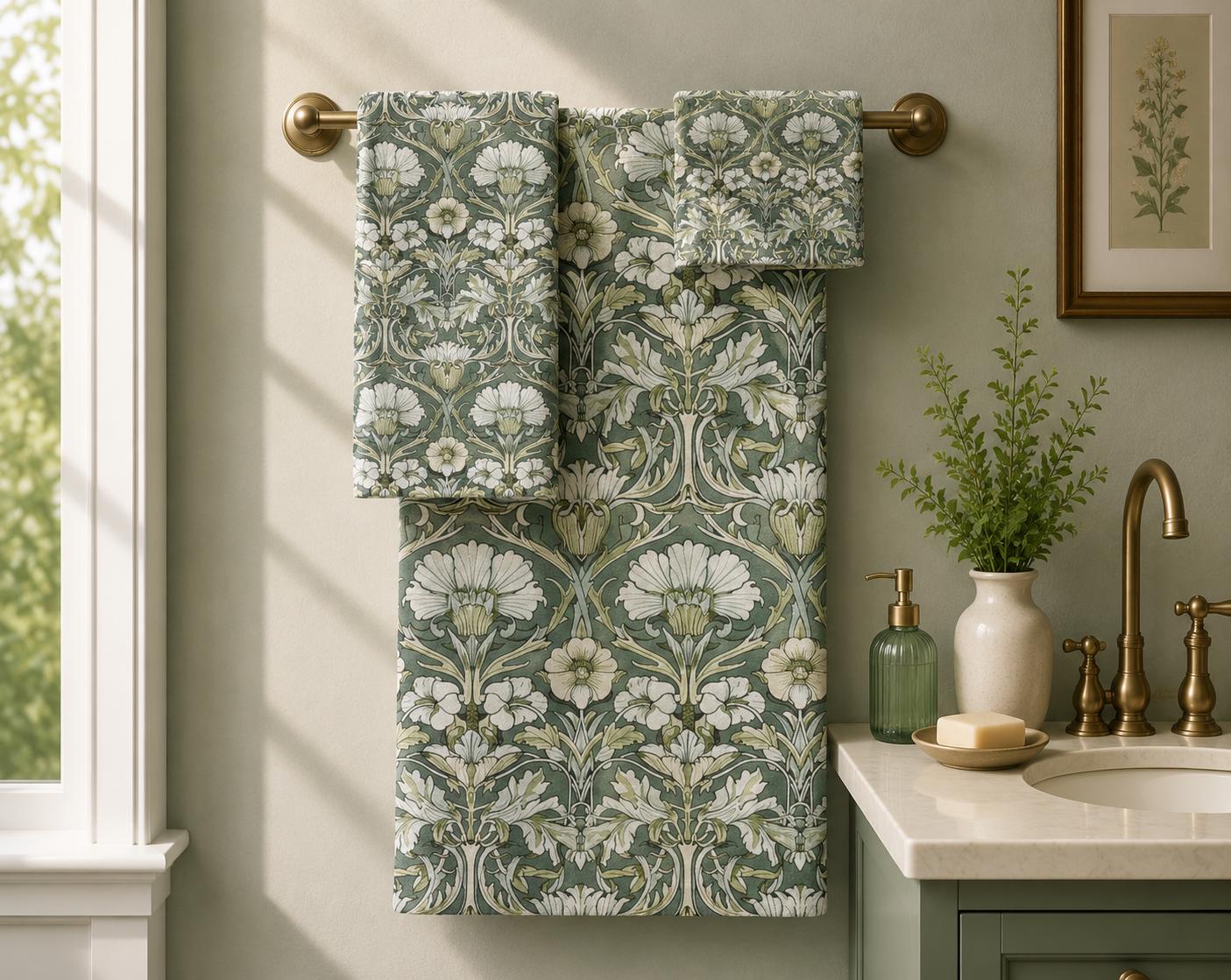 William Morris Style Green Towel Set: Hibiscus Floral Craftsman