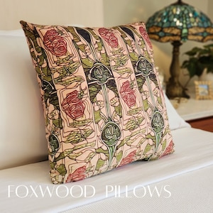 Floral Pillow, Art Nouveau Pillow, Stickley Pillow, Charles Rennie Mackintosh, Pink Pillow, Mackintosh Rose, Scottish, Margaret Macdonald