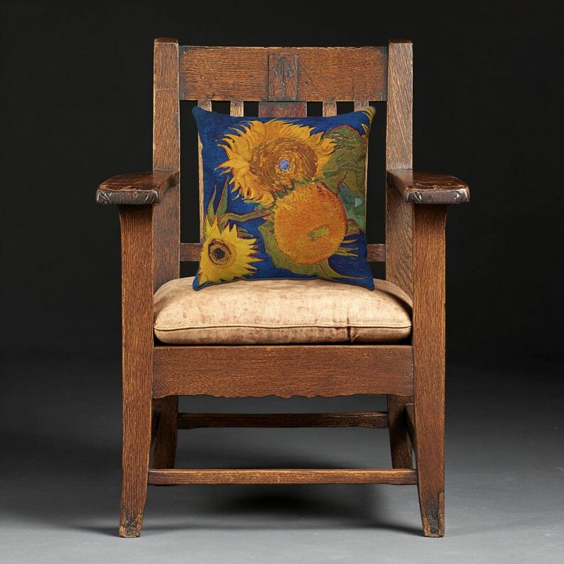 Cuscino con girasoli di Vincent van Gogh / Cuscino decorativo floreale blu e oro / Cuscino decorativo artistico immagine 5