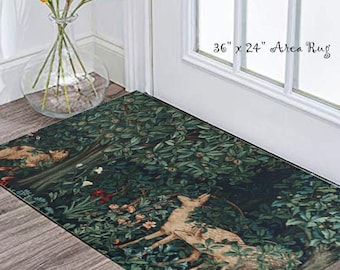 Forest Green Rug, Woodland Rug, Deer Decor, Animal Rug, Coated Backing, Floral Rug, Green Rug, Trees Rug, Wildlife Area Rug, Mission Style