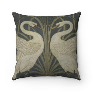 Swan Pillow, Rush and Iris, Walter Crane, Arts and Crafts Movement, Art Nouveau, Accent Pillow
