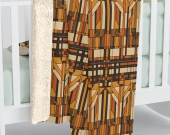 Craftsman Decor - Abstract Pillow - Franklin Lloyd Wright Style - Abstracted Architecture - Hand-Coloring - Sherpa Fleece Blanket