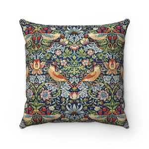 William Morris Pillow, Strawberry Thief Pillow, Dark Blue Background Pillow, Ocean Blue, Olive Green, Mauve Hues