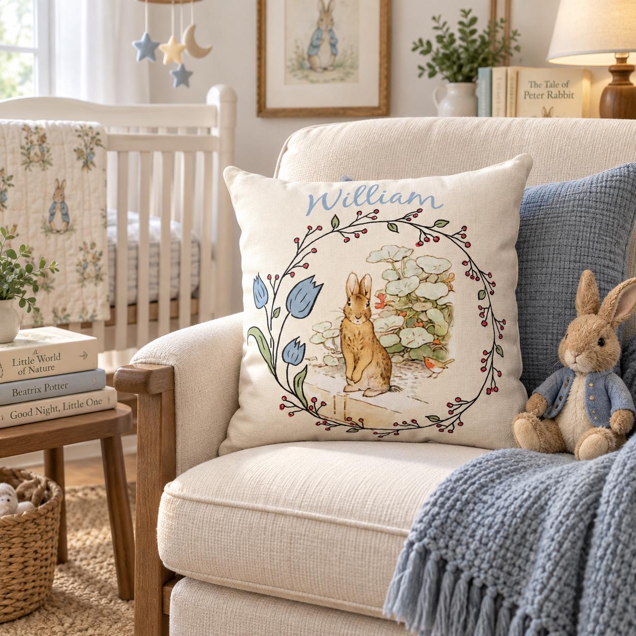 Personalized Peter Rabbit Pillow, Tulip Wreath, Beatrix Potter