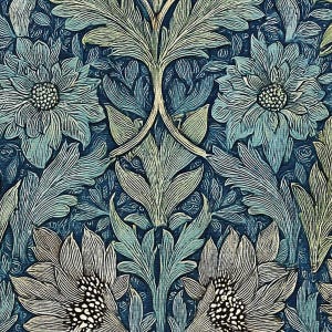 May include: A detailed floral pattern in shades of blue and green. The design features large, stylized flowers and leaves against a dark blue background. The artwork has a vintage, artistic style, suitable for fabric or wallpaper.