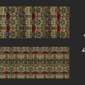 Puede incluir: Dos im&aacute;genes de un patr&oacute;n repetitivo de flores y hojas estilizadas en tonos dorados, negros y rojos. La imagen superior muestra el patr&oacute;n con las flores orientadas verticalmente, mientras que la imagen inferior muestra el patr&oacute;n con las flores orientadas horizontalmente. El texto "96x30 vertical vs horizontal" est&aacute; escrito en blanco sobre un fondo negro a la derecha de las im&aacute;genes.