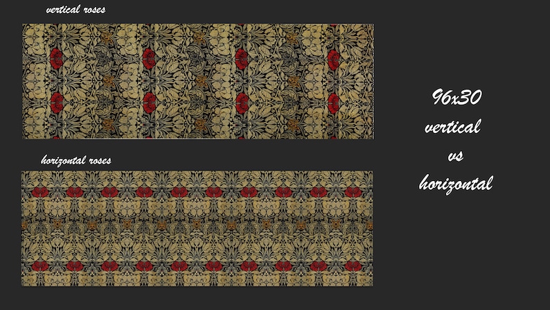 Puede incluir: Dos im&aacute;genes de un patr&oacute;n repetitivo de flores y hojas estilizadas en tonos dorados, negros y rojos. La imagen superior muestra el patr&oacute;n con las flores orientadas verticalmente, mientras que la imagen inferior muestra el patr&oacute;n con las flores orientadas horizontalmente. El texto "96x30 vertical vs horizontal" est&aacute; escrito en blanco sobre un fondo negro a la derecha de las im&aacute;genes.