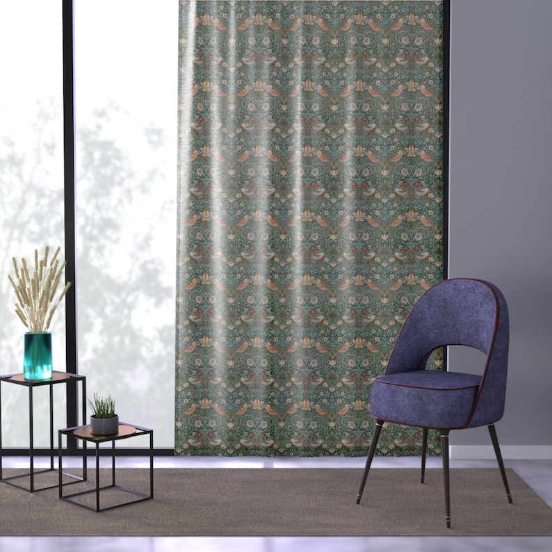 Tenda per finestra "Strawberry Thief" di William Morris / Sfondo verde foresta / Tessuto botanico immagine 5
