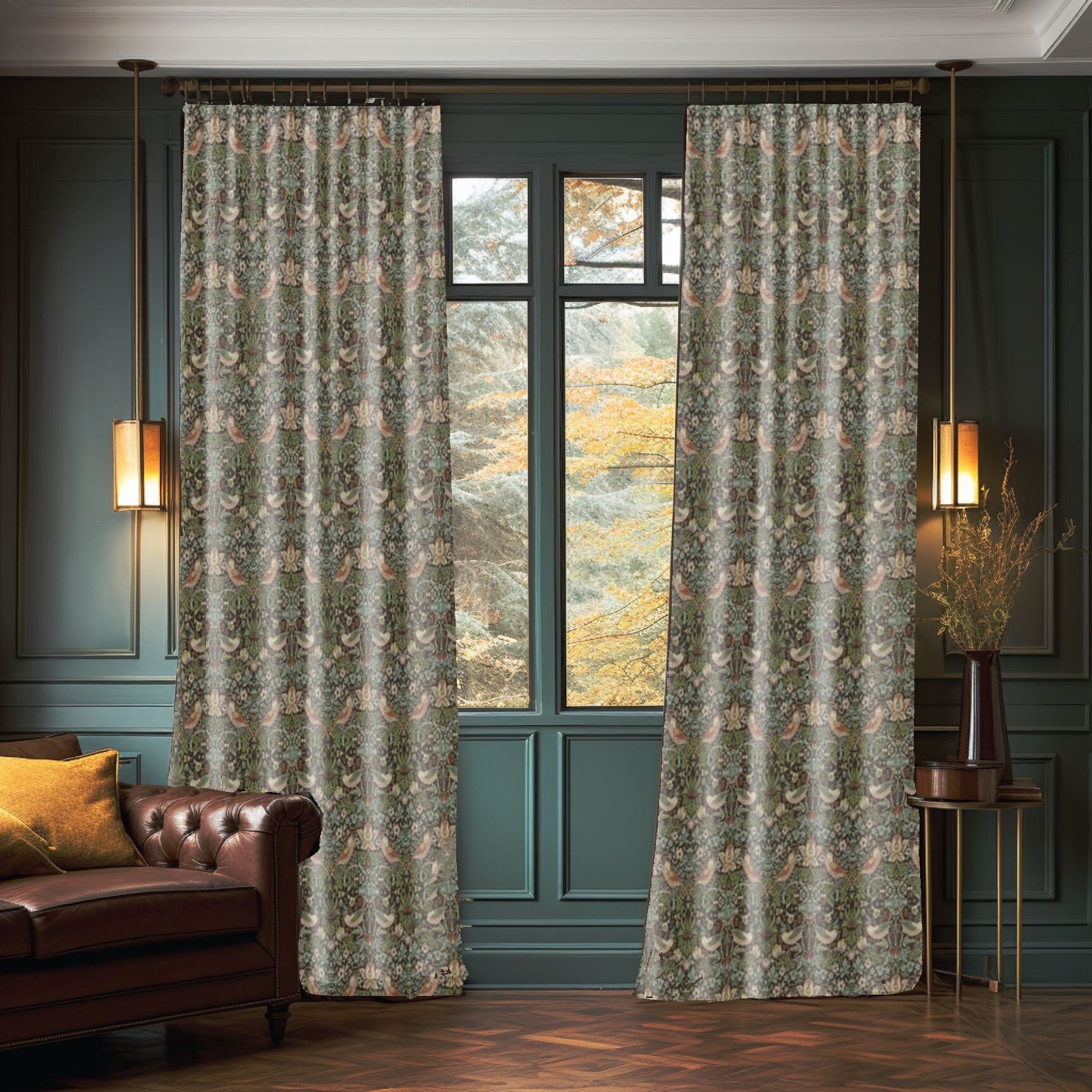 Art Nouveau Drapes: William Morris Strawberry Thief Curtains, Dark