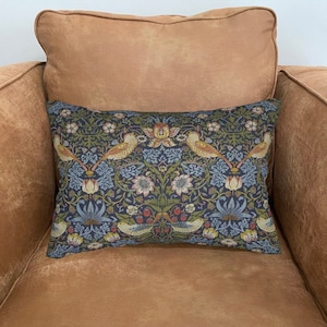 William Morris Strawberry Thief Pillow, Dark Blue Background, Olive Green, Mauve Hues, Lumbar Pillow