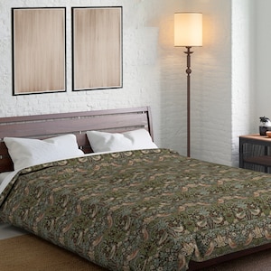 Dark Chocolate Strawberry Thief, Comforter, William Morris, Arts Crafts, Craftsman, Maximalist Décor, Mission Style Bedding Set, Red Bedding