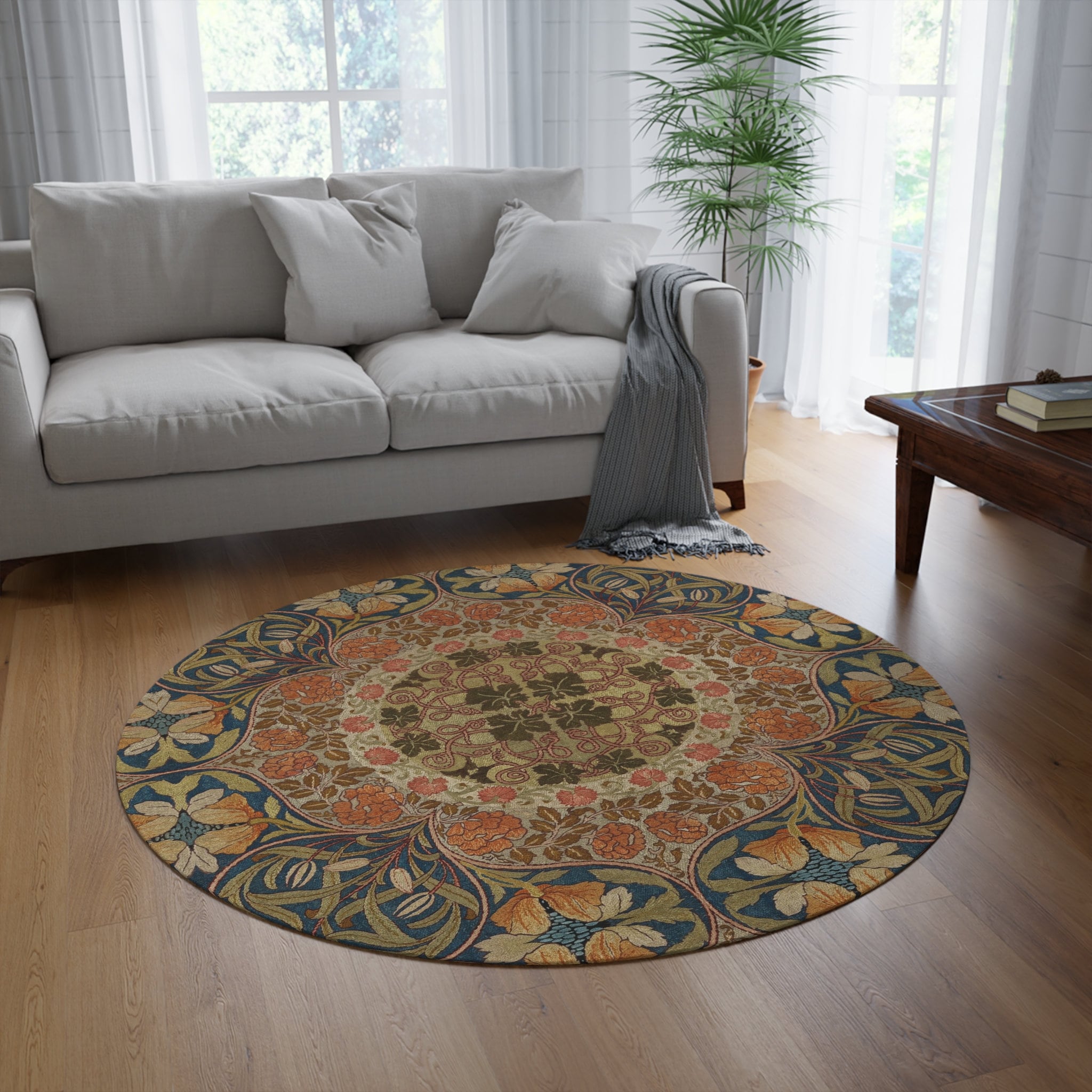 Floral Round Rug, May Morris Rug, Arts & Crafts Rug, Round