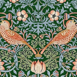 Pu&ograve; includere: Motivo ripetuto con due uccelli dal piumaggio arancione e marrone, su uno sfondo di fogliame verde, fiori e foglie grigio-blu. Il design ha un'estetica vintage e botanica.