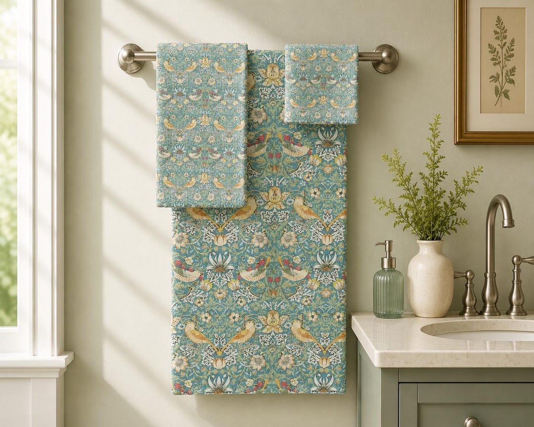 William Morris Strawberry Thief Towels: Teal Bird Bathroom Decor