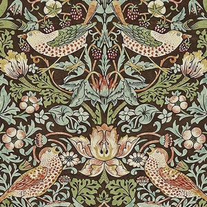 May include: A repeating pattern featuring birds, flowers, and foliage in shades of brown, green, and cream. The design includes stylized birds with speckled bodies, berries, and various floral elements, creating a detailed and ornate aesthetic.