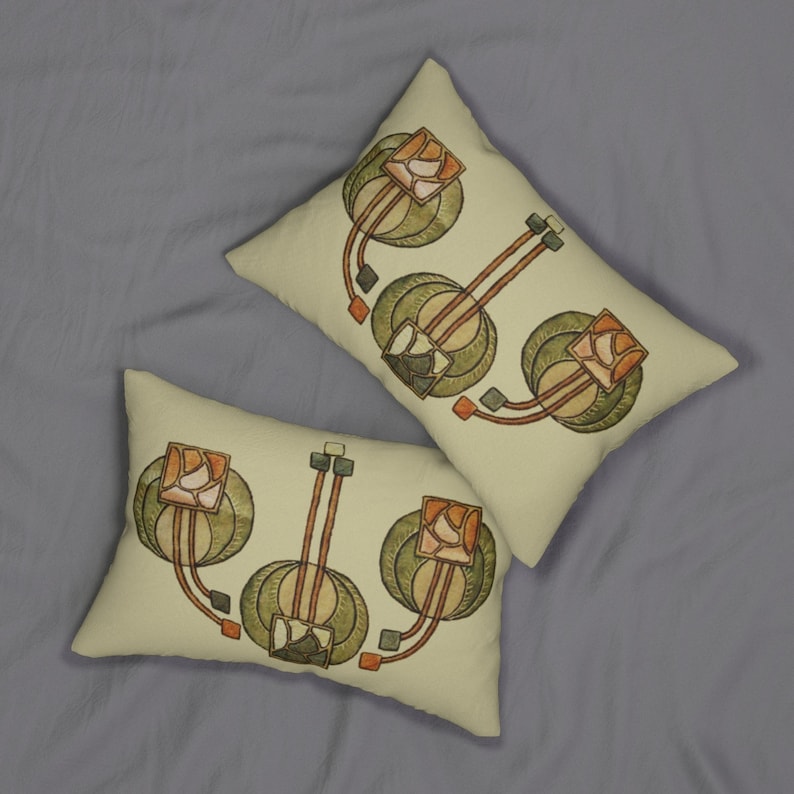May include: Two decorative throw pillows with a beige background and a stylized floral design in shades of green, brown, and orange.