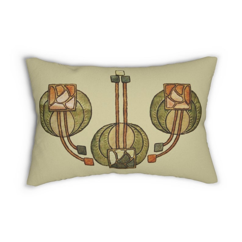 May include: A decorative pillow with a geometric design in shades of green, brown, and orange. The design features stylized flowers and leaves.
