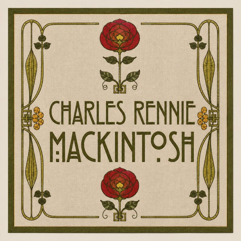 May include: A square textile print featuring the text CHARLES RENNIE MACKINTOSH in dark green lettering. The design includes two red roses with green leaves and stems, framed by stylized green line art borders on a light beige fabric background.