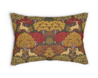 Deer Pillow, Forest Pillow, MP Verneuil, Nature Lumbar Pillow, Arts and Crafts Movement, Craftsman Pillow, Fall Décor