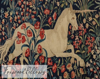 William Morris Einhorn Tapisserie Kissen Vintage mittelalterlichen Einhorn und Hirsch Kissen, Kunsthandwerk Blumenüberwurf für Cottagecore & Tudor Dekor