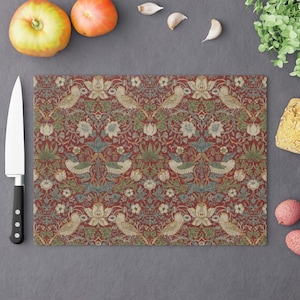 William Morris Strawberry Thief Cutting Board: Crimson Red Tempered Glass
