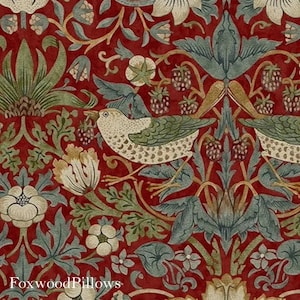 Crimson Strawberry Thief Curtain: William Morris Red Drapes