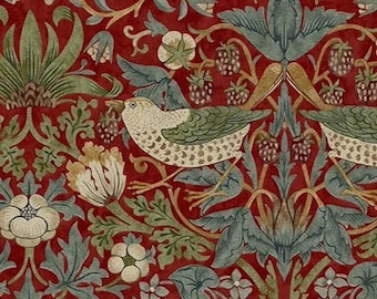 Crimson Strawberry Thief Curtain, Farmhouse, Red Curtains, William Morris, Panel, Morris Window Treatments, Bedroom, Living Room Drapes